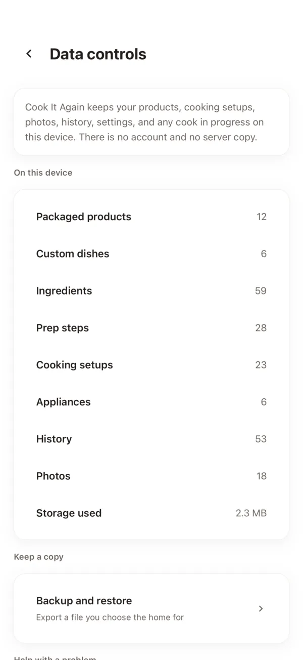 The backup screen, listing how many products, dishes, ingredients, setups, and past cooks the file will contain.