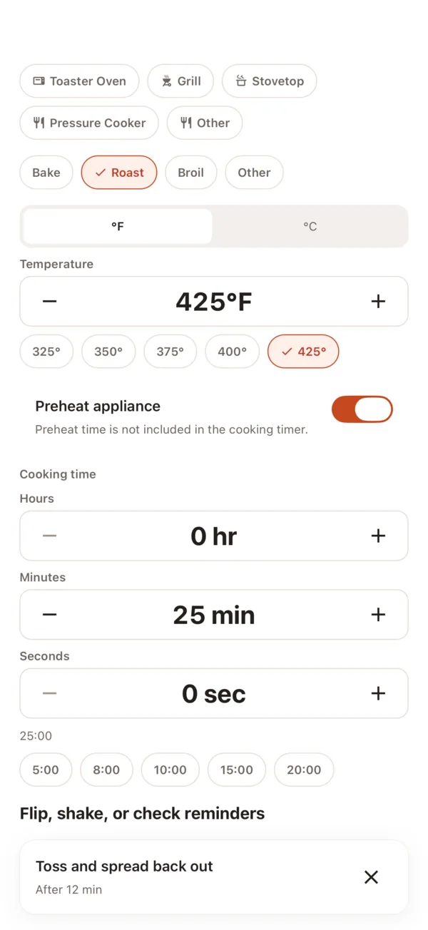 A cooking setup being saved: air fryer, 400°F, 24 minutes, preheat on, and a timed step to shake the basket.