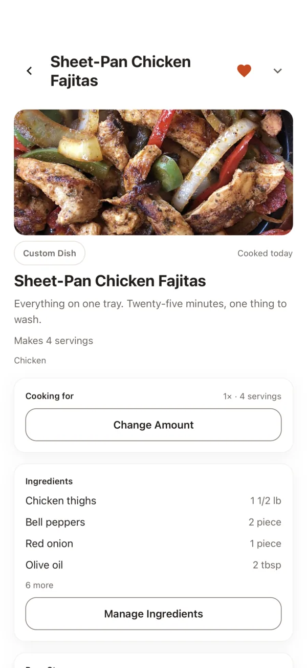 A Custom Dish showing how many portions it makes and its list of ingredients.