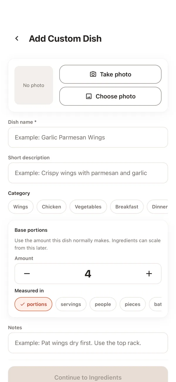 Adding a Custom Dish, with a name, a category, and the number of portions it makes.