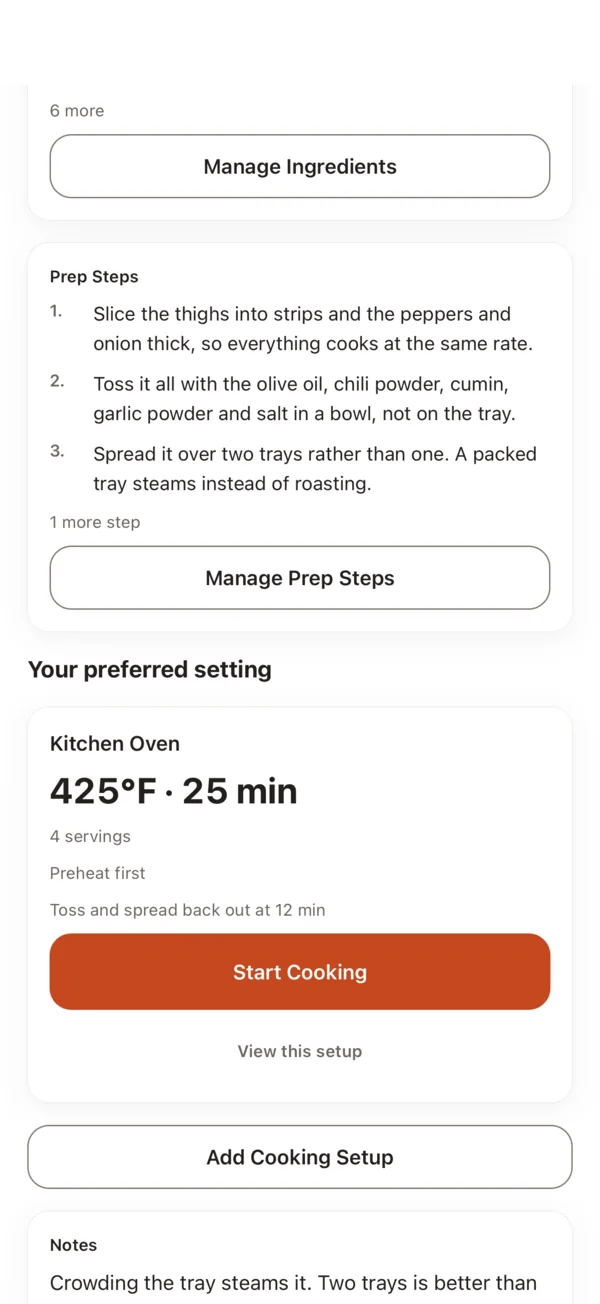 A saved packaged product showing its preferred cooking setup and a Start Cooking button.