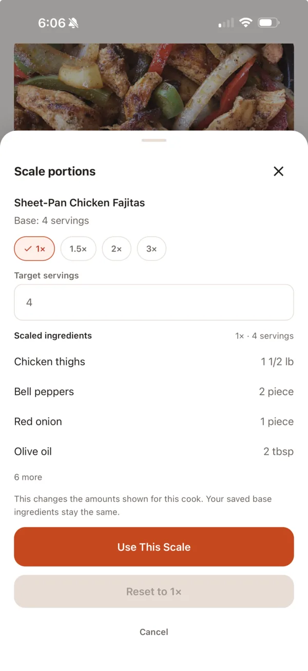 Scaling a dish to double, with the doubled ingredient amounts shown beside the saved ones.